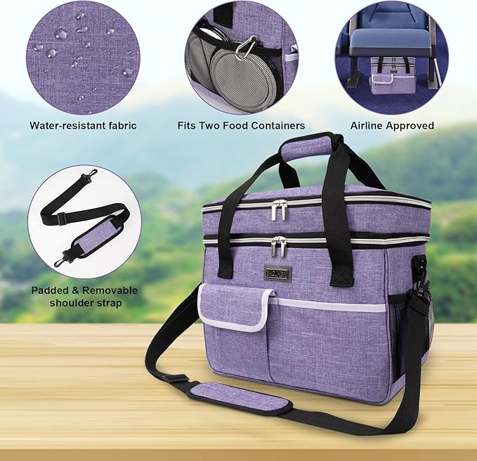 BAGLHER Dog Travel Bag for Supplies - Double-Layer Airline Approved Weekend Pet Travel Organizer Set for Dog and Cat Tote with 2 Pet Food Containers and 2 Collapsible Silicone Bowls Purple - Image 4