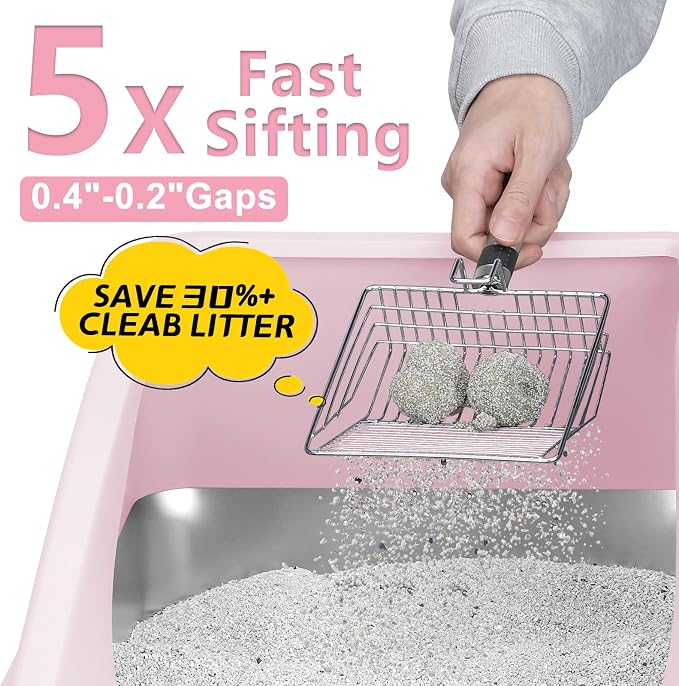 AIPERRO Stainless Steel Litter Box | XL Metal Cat Litter Boxes with Lid | Enclosed High Sided for Big Cats | Anti-Urine Leakage, Non-Stick, Easy to Clean with Litter Mat & Metal Scoop | Cute Pink - Image 7