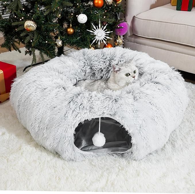 Cat Tunnel Bed for Indoor Cats, Under Christmas Tree Skirt, Donut Tunnel Toys for Multiple & Large Cats, Bed Cave Hideaway for Kitten, Rabbit, Puppy, Gray by LVUVXVAV