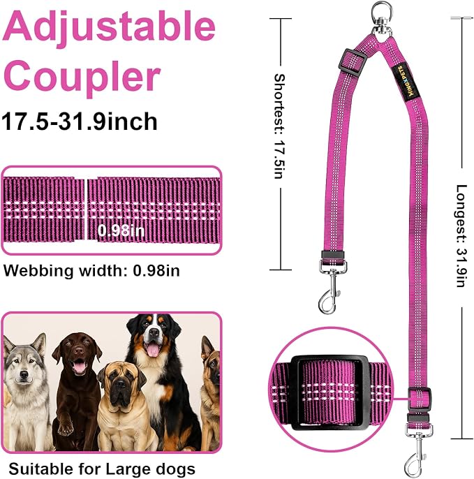 MingXpet Double Dog Leash for Two Dogs, No Pull Dog Leash, 360° Swivel No Tangle for Large Dogs Walking & Training, Shock Absorbing Reflective Bungee, Rose - Image 2