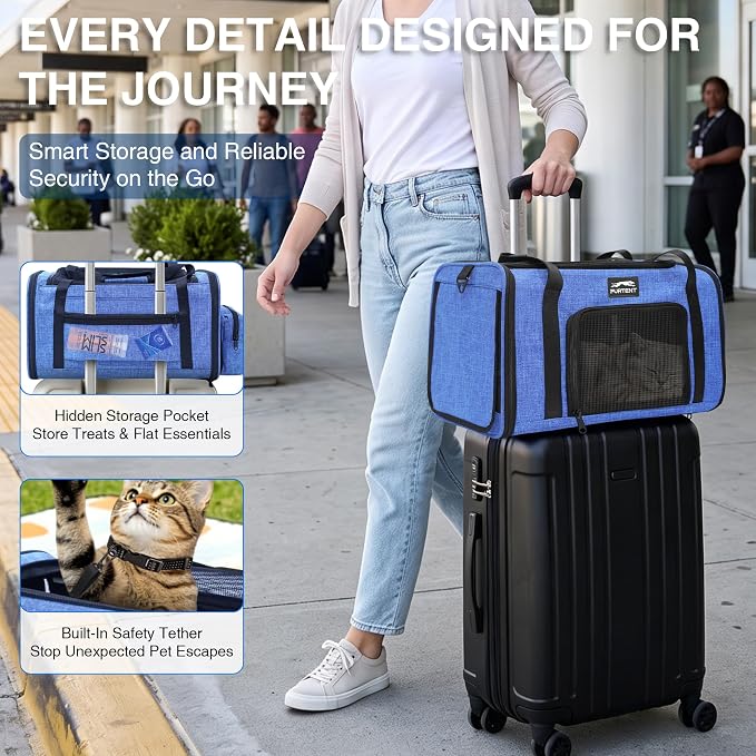 Pet Carrier for Small Dogs & Cats, Airline Approved, Lightweight, Foldable, Comfortable Travel Bag with Plush Cushion & Extra Storage (Blue) - Image 3