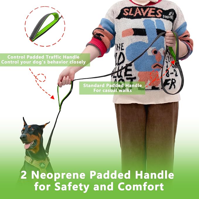 Dog Leash 6ft Long,Double Handle Dog Leash for Control Training | Heavy Duty Dog Leads with Traffic Padded Handles, Reflective Leashes for Small Medium Large Dogs(6ft, Black Green) - Image 2