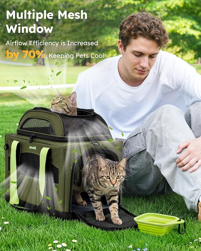 Pecute Cat Carrier,Top Expandable Dog Crate for Travel, Green | 5mm Anti-Collapse Steel Frame, Soft Mesh, Vet Visits, Foldable Travel Crate,Outdoor Hammock, Leakproof Pee Pad & Bowl - Image 6