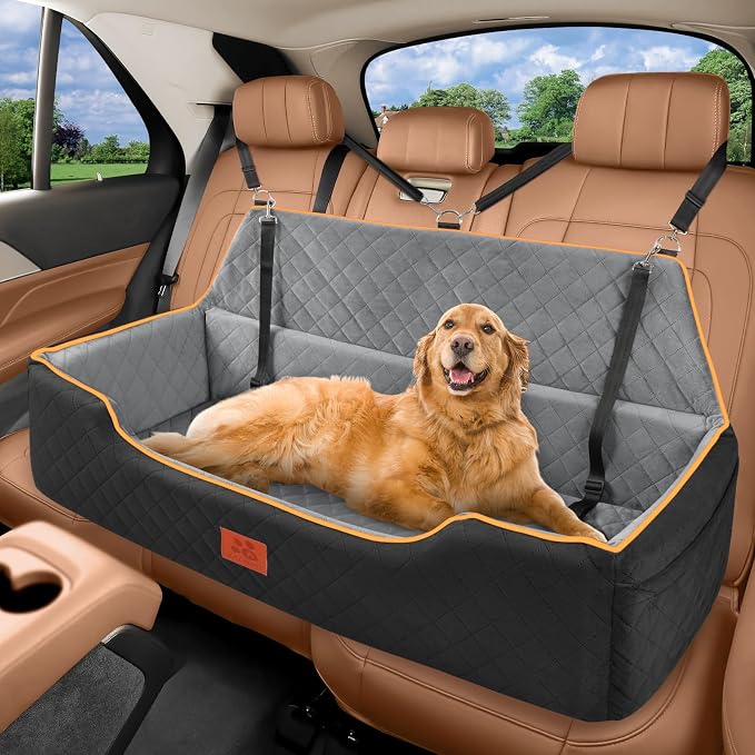 XIEEAOZEE Large Dog Car Seat for Pets Under 100 lbs, Backseat Dog Car Bed | Washable Pet Booster Seat for 2 Medium Dogs, Pet Travel Seat with Storage Pockets, Safety Belts by XIEEAOZEE