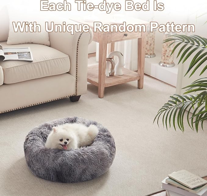 23 in Faux Fur Fluffy Donut Dog Bed for Small Dogs,Tie-dye Grey | Calming Plush Round Puppy Pet Bed with Removable & Washable Cover,Fits up to 25 lbs Pets - Image 7