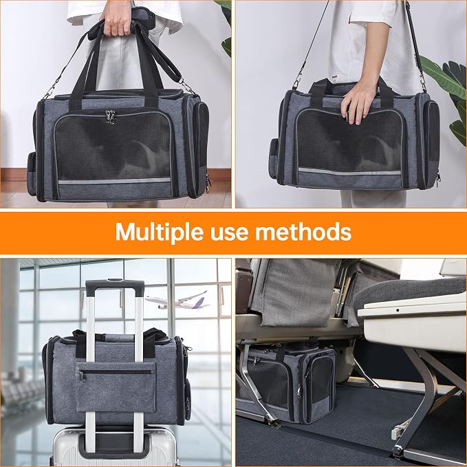 Cat Carrier Pet Travel Carrier by Airplane Approved Under seat, TSA Airline Approved Soft-Sided Dogs Carrier Bag for cat,Dogs,17.5 x 8.5 x 11 inches,Grey - Image 5