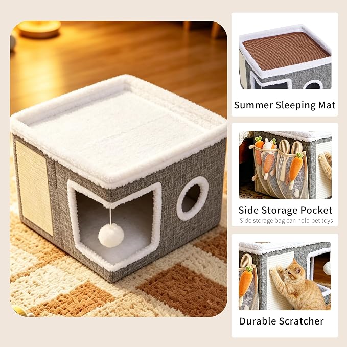 Foldable Cat Cave Bed for Indoor Cats, Cat Hideaway House with Hanging Fluffy Ball & Scratch Pad, Side with Toy Storage and Summer Cooling Mat, 16.14x16.14x12.2 Inches, Grey - Image 2