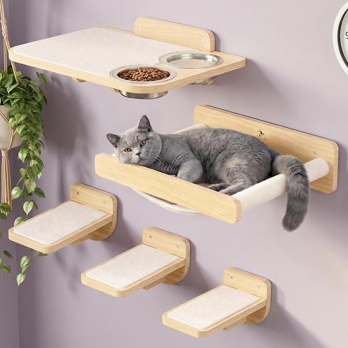 Cat Wall Shelves - Wall Mounted Cat Shelves with Feeding Station | Solid Pinewood, Beige Carpet, Supports Up to 33 lbs, Stainless Bowls, Dog-proof, Lounging, Climbing by PHATOSIOPETS