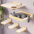 Cat Wall Shelves - Wall Mounted Cat Shelves with Feeding Station | Solid Pinewood, Beige Carpet, Supports Up to 33 lbs, Stainless Bowls, Dog-proof, Lounging, Climbing by PHATOSIOPETS