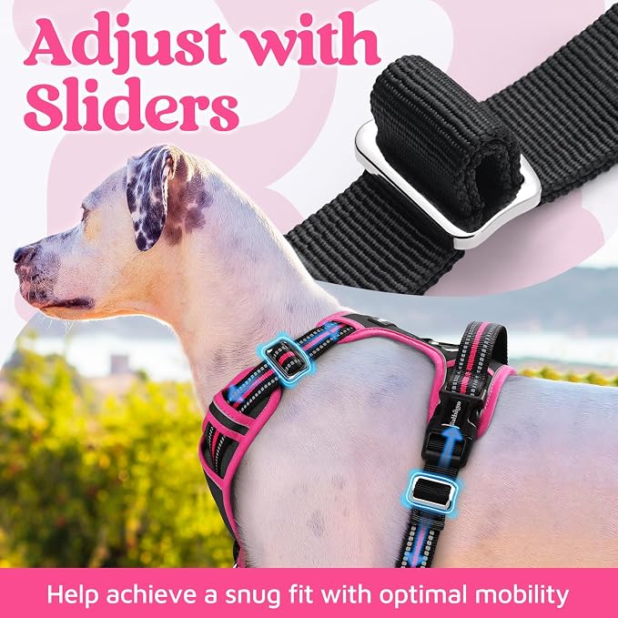 rabbitgoo Dog Harness Medium Sized, No Pull 3 Buckles Easy On & Off | Soft Padded, Walking with Control Handle, Adjustable and Reflective, Black & Pink, Medium - Image 5