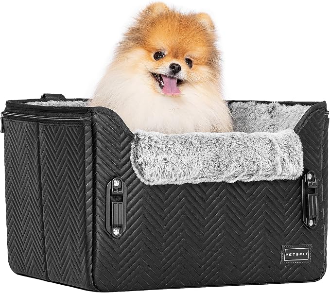 PETSFIT Small Dog Car Seat, Waterproof PU Leather Dog Carseat with Patent Safe Buckles, Clip-On Leash, Car Seat for Dogs, Cats Up to 25 lbs (Glossy Black) - Image 9