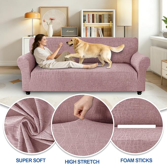 MAXIJIN Waterproof Couch Cover for 3 Cushion Couch, 1 Piece Stretch Sofa Covers Slipcovers with Non-Slip Elastic Bottom, Washable Furniture Protector for Dogs Pets (Large, Dusty Pink) - Image 2