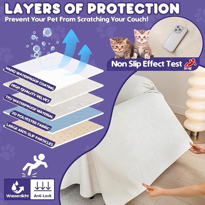 Loiion Cat Scratch Proof Furniture Protector Waterproof Sofa Cover 150"x91" | Pet-Friendly Couch Protector, Anti-Scratch & Anti-Slip Sofa Cover For Cats Dogs Kids, Machine Washable - Image 7