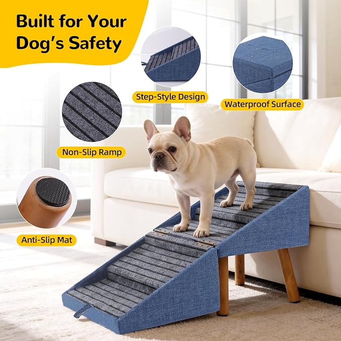 Dog Stairs for Small Dogs, 2-in-1 Pet Steps & Ottoman | Foldable Dog stairs for Couch, Non-Slip Wooden Pet ramp for Puppy Senior Injured Dogs (Blue, XL(17.13H)) - Image 4