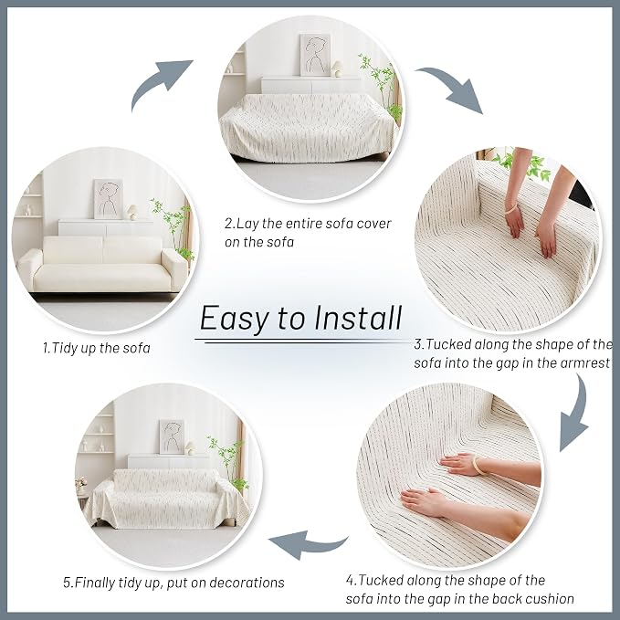 MYSKY HOME Couch Cover for Dogs, Sectional Couch Cover, Beige Lines Sofa Covers for Sectional Sofa L Shape Chenille Couch Protector for Dogs Pets Couch Covers Washable Soft Throw, 71"X150" - Image 6