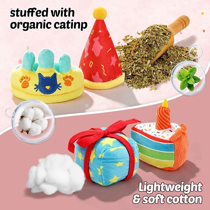 CiyvoLyeen Plush Birthday Catnip Toys for Indoor Cats 6 Pack | Interactive Birthday Cake Cat Chew Toys, Boredom Relief, Soft Durable Plush with Catnip, Funny Gift for Cat Lovers & Kitten - Image 4