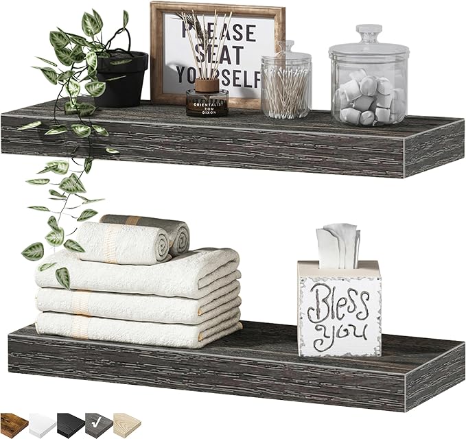 QEEIG Bathroom Floating Shelves for Wall - 15.7" Wall Mounted Shelf Over Toilet Farmhouse Home Decor Display Bookshelf Small 15.7 x 6.7 inch Set of 2, Grey (008-40GY) by QEEIG
