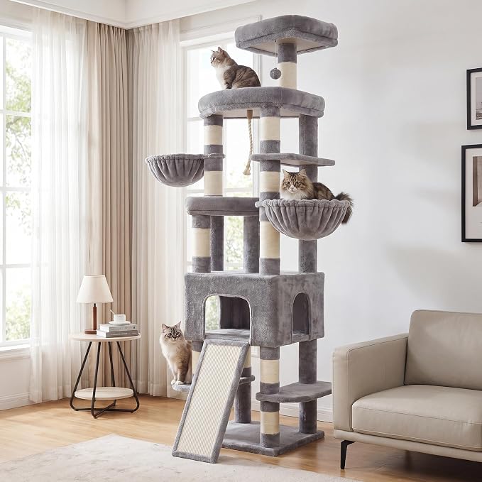 Heybly Cat Tree, 82.7″ Extra Tall Cat Tower for Large Cats Adult HCT063W | Giant Cat Condo with Multi-Level Platforms, 2 Baskets, Spacious Cat Cave, Wide Sisal Scratching Board, Light Gray - Image 9