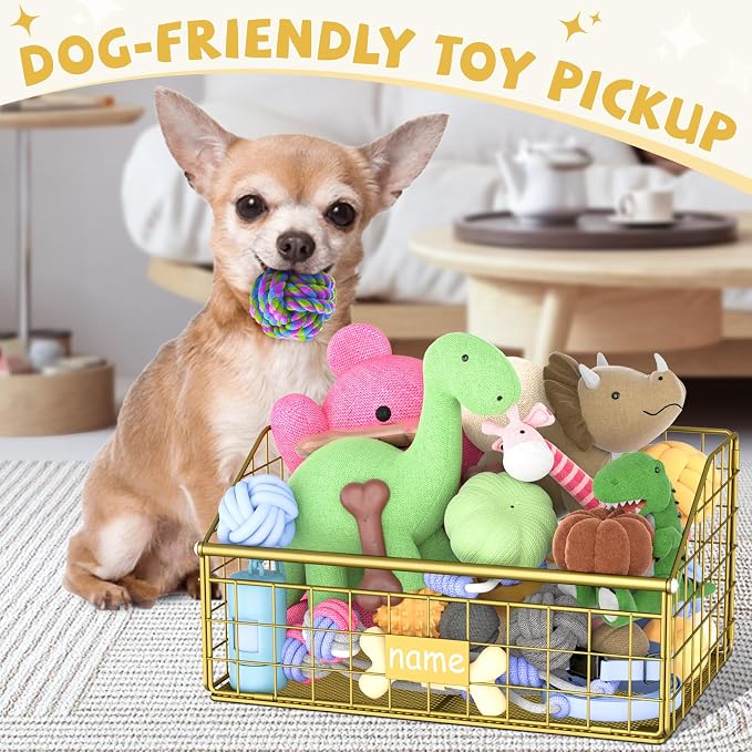 Kaiferty Indestructible Dog Toy basket, Small Toy Box for Dogs, Pet Toy Bin Dog Metal Basket for Toys, Toy Storage Organizer, Cat Toy Box for Living Room Area(Gold) - Image 3