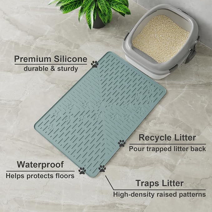 Cat Litter Mat, 23.5x16 Silicone Trapping Mat Light Blue | for Kitty Litter Box, Easy Clean, BPA Free Rubber, Center Litter Collection, Easy Pour-Back, Waterproof, Odor-Resistant - Image 2