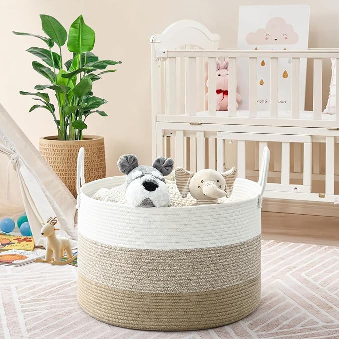 67L Large Woven Blanket Basket, Cotton Rope Baby Laundry Hamper with Handles, Kids Toy Basket for Classroom & Nursery, Soft Round Stuffed Animal Storage, Dog Toy Bin - 20"x13", Gradient Brown - Image 8