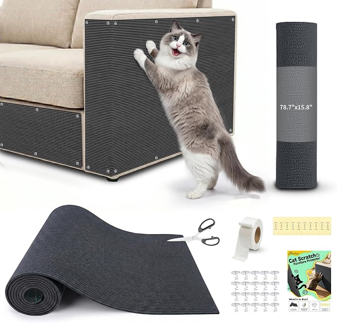 Cat Scratch Furniture Protector: 78.7"x15.8" High Self-Adhesive | Cat Scratch Carpet Trimmable for Couch Scratcher Protector from Claws Scratching Mat Lasts 3-6M 3min Install, Dark Gray by Finvizo