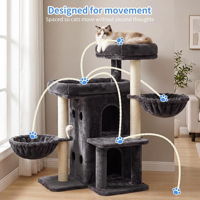 Heybly Cat Tree with Reinforced Big Base, 41.3 in Sturdy Cat Tower HCT075G | Indoor Cat Furniture Featuring 2 Roomy Platforms, Double Condos, 2 Cozy Baskets, Full Sisal Scratching Posts, Smoky Gray - Image 9