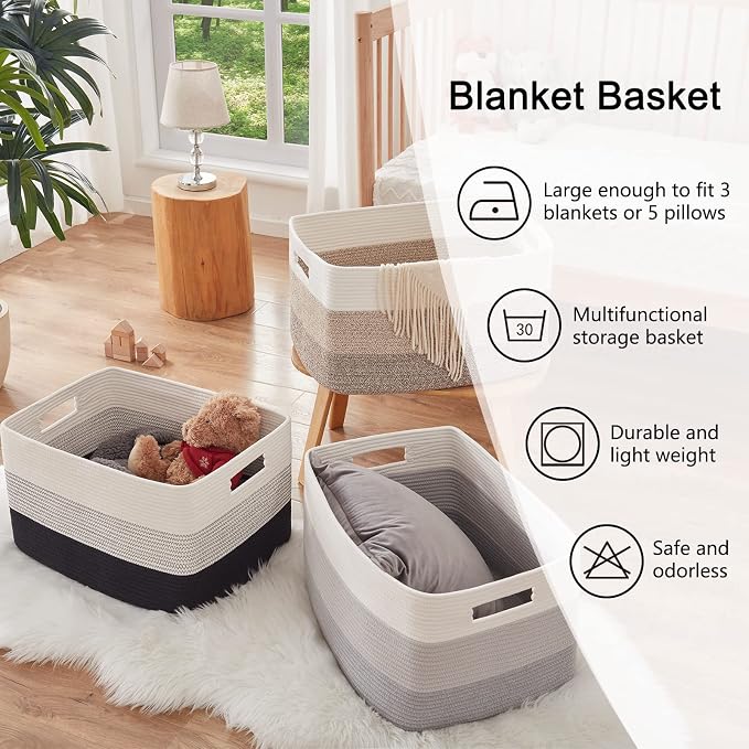 OIAHOMY Blanket Basket Laundry Basket Dog Toy Basket 75L Gradient Black | Large Storage Basket,Baby Basket,Toy Storage,Woven Rope Basket for Blankets,Blanket Storage for Living Room - Image 6