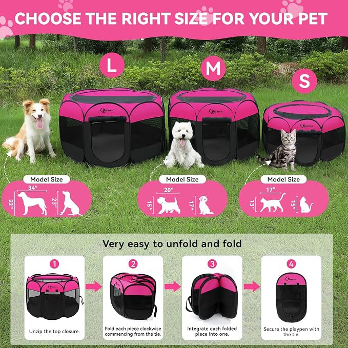 Siedihit Dog Cat Playpen, Large Puppy Pet Playpen, Dog Crate Tent Cage | Indoor/Outdoor, Portable Pop Up Dogs Kennel Playpen with Carrying Case for Dogs/Cats/Rabbits, Hot Pink - Image 9