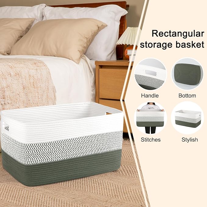 OIAHOMY Blanket Basket Laundry Basket Dog Toy Basket 75L Green/White | Large Storage Basket,Baby Basket,Toy Storage,Woven Rope Basket for Blankets,Blanket Storage for Living Room - Image 5