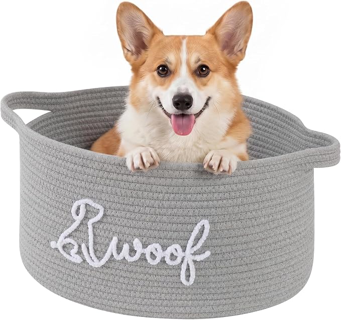 OIAHOMY 22L Large Dog Toy Basket, 16.5"x11.4"x9" Cotton Rope Basket with Cute Woof Embroidery, Soft Woven Pet Toy Box with Handles for Blankets, Leashes & Puppy Accessories, Decorative Organizer Gray by MasterofSpaceOptimization