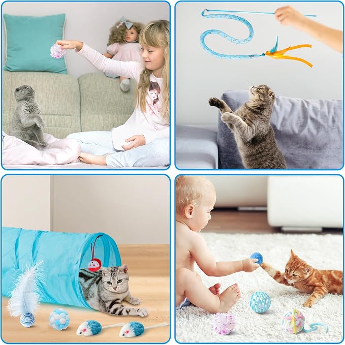 MALLMALL6 Cat Toy Set Interactive Cat Toys 11Pcs Pack with Foldable Tunnel, Feather Teaser Wand, Springs, Mice, Crinkle Balls & Pet Bell Balls - Puzzle Toys for Indoor Cats - Gift (Blue) - Image 5