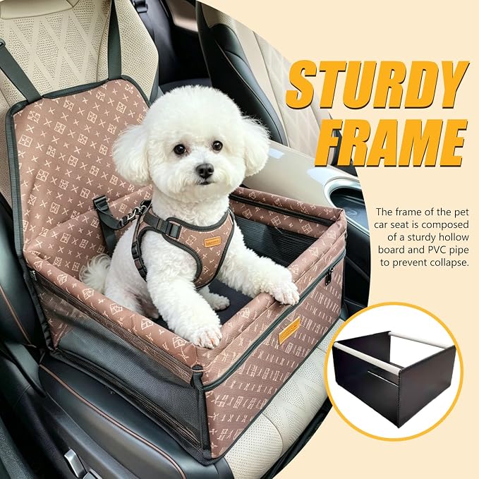 Pet Dog Booster Seat, Upgrading the Framed wall to Prevent Collapse，Breathable and Foldable Pet Car Basket，Removable andWashable pet car seat (Brown) - Image 2
