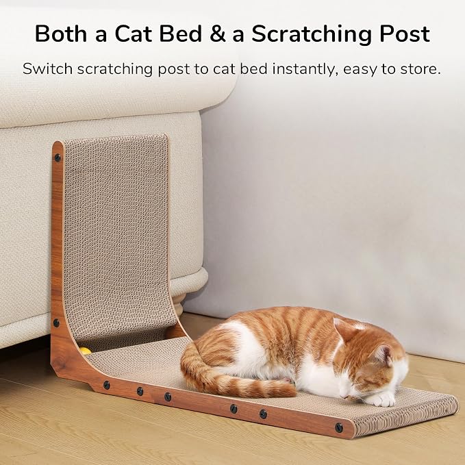 FUKUMARU Cat Scratcher for Indoor Cats, 26.8 Inch Cat Scratch Pad L Shaped | Cardboard Cat Scratcher, Vertical Cat Scratching Board with Ball Toy, Walnut Color, 1 Pack - Image 5