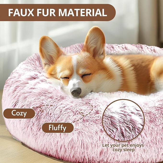 JOLLYVOGUE Calming Dog Bed Medium Size Dog, 31in Donut Washable Medium Pet Bed, Anti-Slip & Anti-Anxiety Fluffy Faux Fur Round Dogs Bed, Fits up to 45 lbs Pets (Smoke Pink) - Image 2