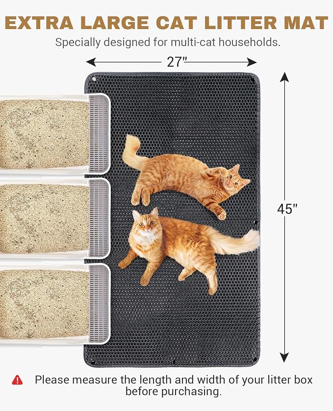 Fostanfly Cat Litter Mat, Machine Washable, Extra Large XL 45"x27", Black | Kitty Litter Trapping Mat, Urine & Waterproof, Double Layer Design, Honeycomb Scatter Control- Easy Clean for Floor - Image 2
