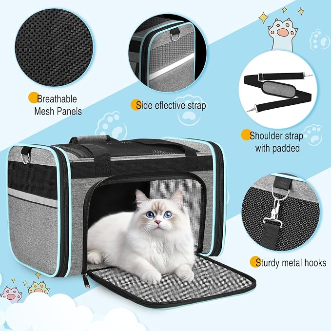 HUANLANG Large Cat Carrier Soft Sided Travel Pet Carrier Airline Approved | Dog Carriers for Small Dogs Medium Cats,Collapsible,3 Storage,zipper lock,Reflective strips,Luggage Strap, Up to 15 Lbs, Grey - Image 3