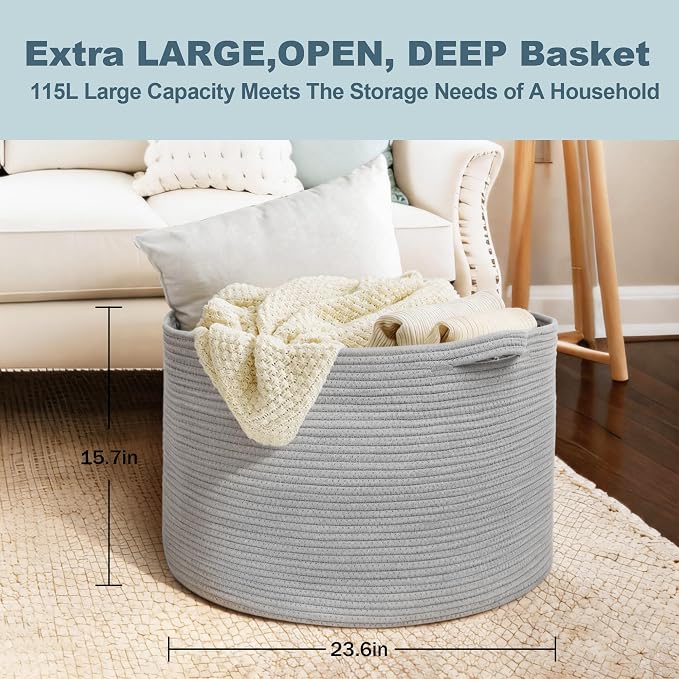 MEGASKET 115L Super Large Gray Blanket Basket, 23.6"x15.7" Woven Cotton Rope Storage Basket for Laundry, Towel, Pillow, Oversized Kids Dog Toy Storage Bin, Grey XXXL Blanket Holder for Living Room - Image 3