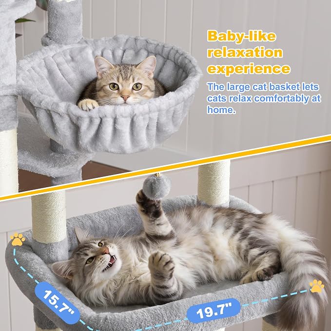 Hey-brother Cat Tree Tower with Multi-Level Platforms, Cozy Condos, MPJ085W | 71.5 Inches Cats House, Scratching Posts with 2 Hammocks, Scratch Board, 2 Plush Baskets for Multiple Indoor Cats, Light Gray - Image 3