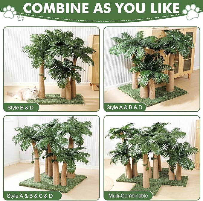 Palm Tree Cat Scratching Post, 36'' Cat Scratcher Post with Natural Sisal Rope, 3 Interactive Balls and Curved Design Scratching Posts for Indoor Cats Adults and Kittens, Multi-Combinable (Style B) - Image 6