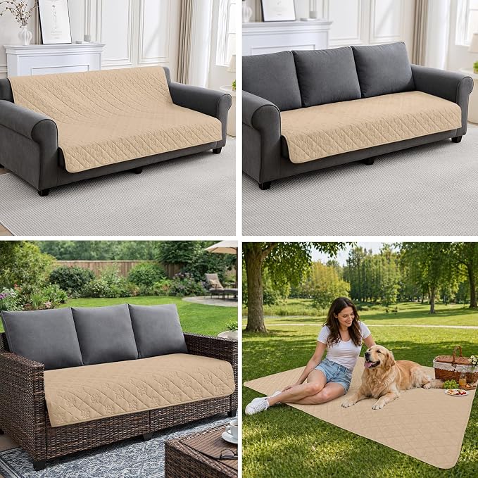 PAWFINITY Waterproof Couch Covers for Dogs, Pet Blanket for Sofa Washable | Paw Print Quilted, Hair Resistant, Anti Cat Scratch, Pee Proof Furniture Protector for 3 Seat Sofa and Bed, 30x80 Inch, Beige - Image 12