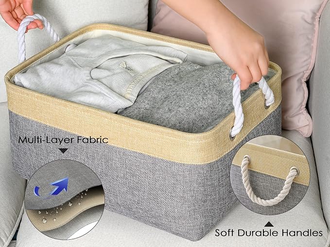 TheWarmHome Decorative Basket Rectangular Fabric Storage Bin Organizer Basket with Handles for Clothes Storage (Gold&Grey, Medium-1Pack,13.8L*9.8W*6.7H) - Image 5