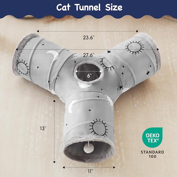 Tempcore Cat Tunnel for Indoor Cats, 3 Way Collapsible Pet Play Tunnel with Teaser Wand, Peek Holes & Hanging Ball, Interactive Tube for Kittens & Rabbits, Grey Sun - Image 2