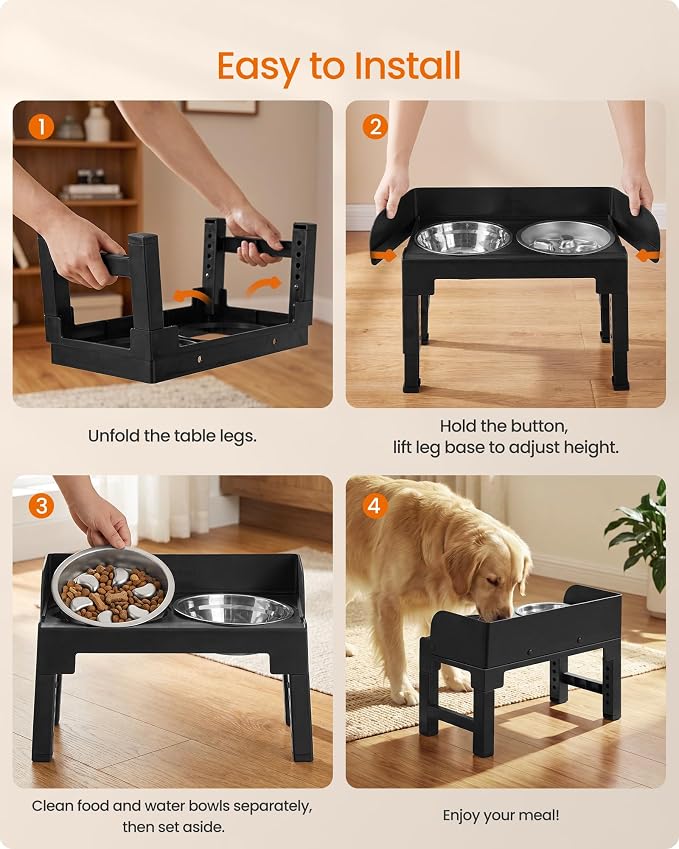 Feandrea Dog Bowls Elevated, Adjustable Height, Tilted Design | Raised Stand, 1 Slow Feeder, Two 304 Stainless Steel Bowls, Ink Black, BOXAL Collection UPRB104B101 - Image 7