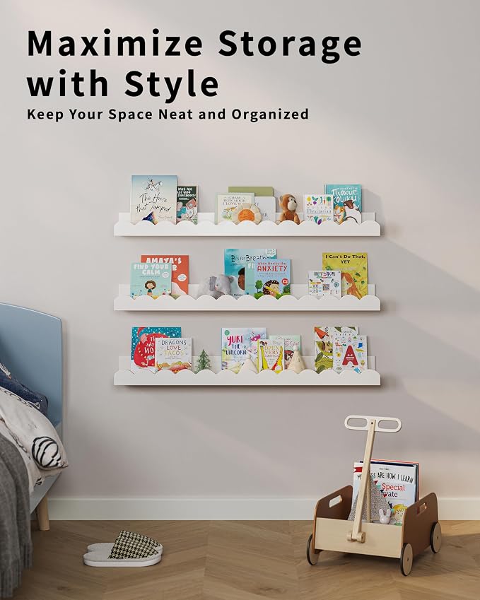 G&W Gruwald Nursery Book Shelves, Set of 3, Nursery Decor for Baby and Toddler, Scalloped Shelves, Book Shelf for Kids Rooms, Wall Book Shelf for Bedroom Kids, Floating Shelf for Wall - Image 6