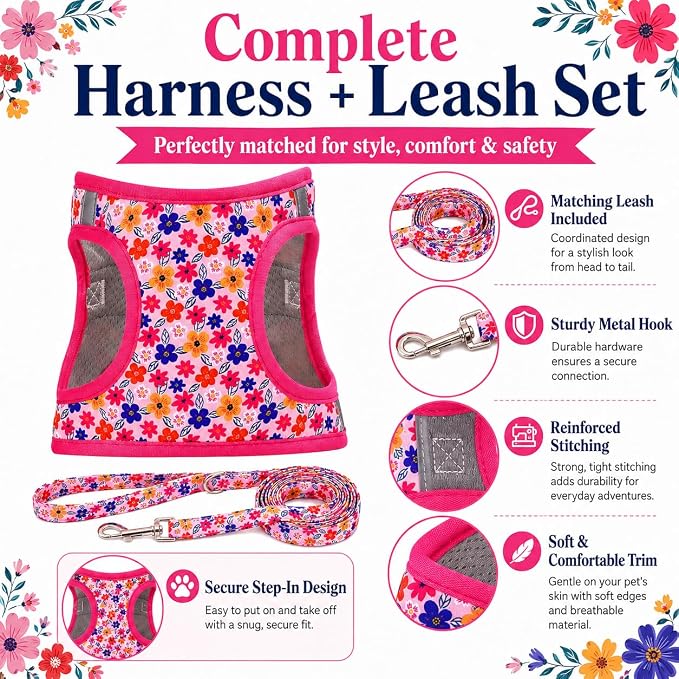 Step in Dog Harness Leash Set- All Weather Reflective No-Pull Floral Pattern Padded Mesh Vest Harness for Cats Puppy Extra-Small Small Medium Large Dogs - Romantic Sakura - S - Image 2