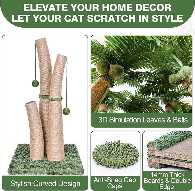 40'' Tall Cat Scratching Post Cat Tree, 3 Curved Design Palm Tree Cat Scratching Post with 8 Interactive Balls, Natural Sisal Rope Cat Scratchers for Indoor Cats, Multi-Combinable (Style D) - Image 4