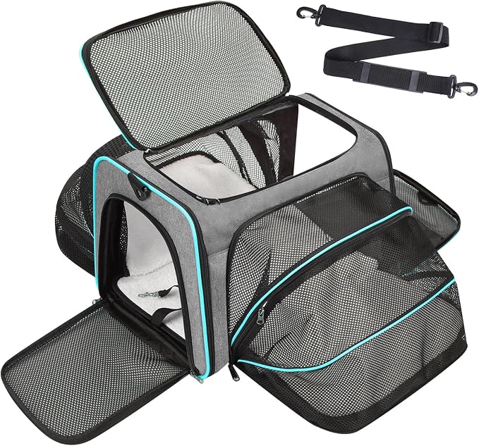 Pet Carrier, Large Soft Sided Expandable Travel Carrier with Steel Frame, Anti-Scratch Mesh, Removable Fleece Pad and Pockets for Cats, Dogs and Small Animals up to 15 lbs (Gray, 5 Sides Expandable) by Handor