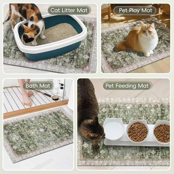 Cat Litter Mat Litter Trapping Mat, 40"x30" Waterproof Urine Proof Litter Box Mat Catcher Mat Non-Slip Washable for Kitty Kitten, Green - Image 7
