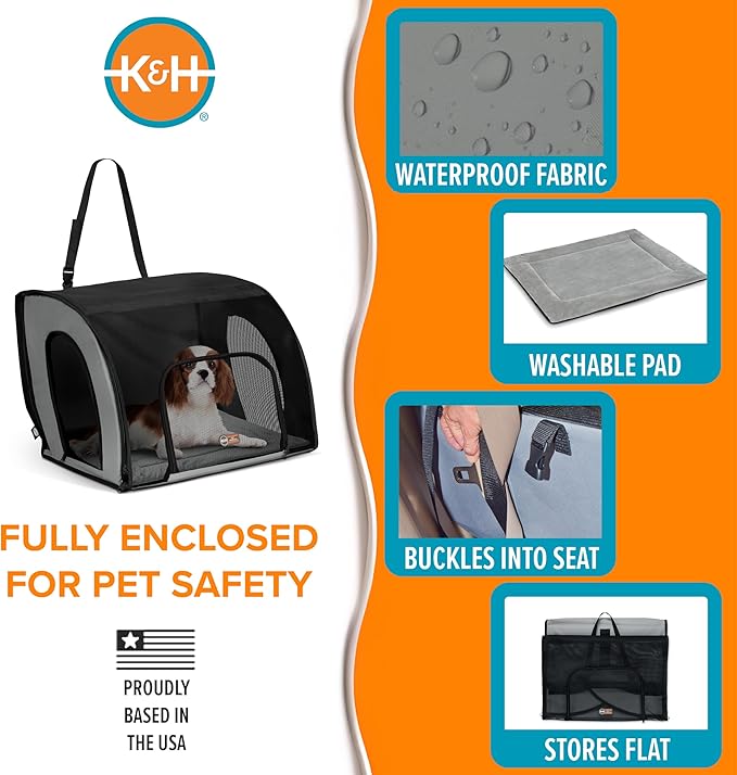 K&H Dog Car Seat, Travel Safety Carrier for Pets, Medium, Gray/Black | Enclosed Car Seat for Dogs, Soft-Sided Covered Pet Carrier, Washable Pad, Multiple Entrances, Mesh Windows, 24x19x17in - Image 3